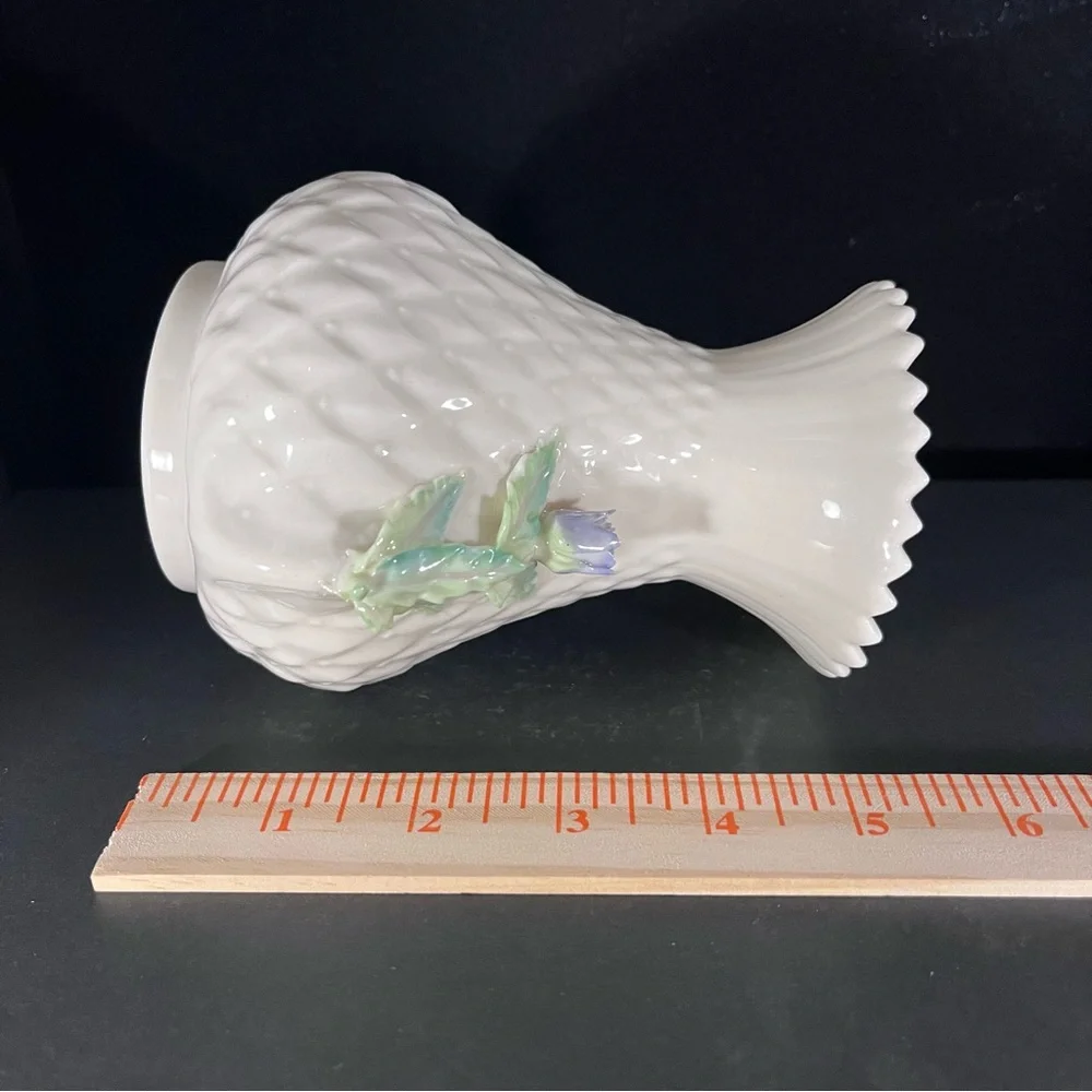 Vintage Ireland 7th Mark 80’s Belleek Blue‎ Floral Thistle Top Vase 5” H